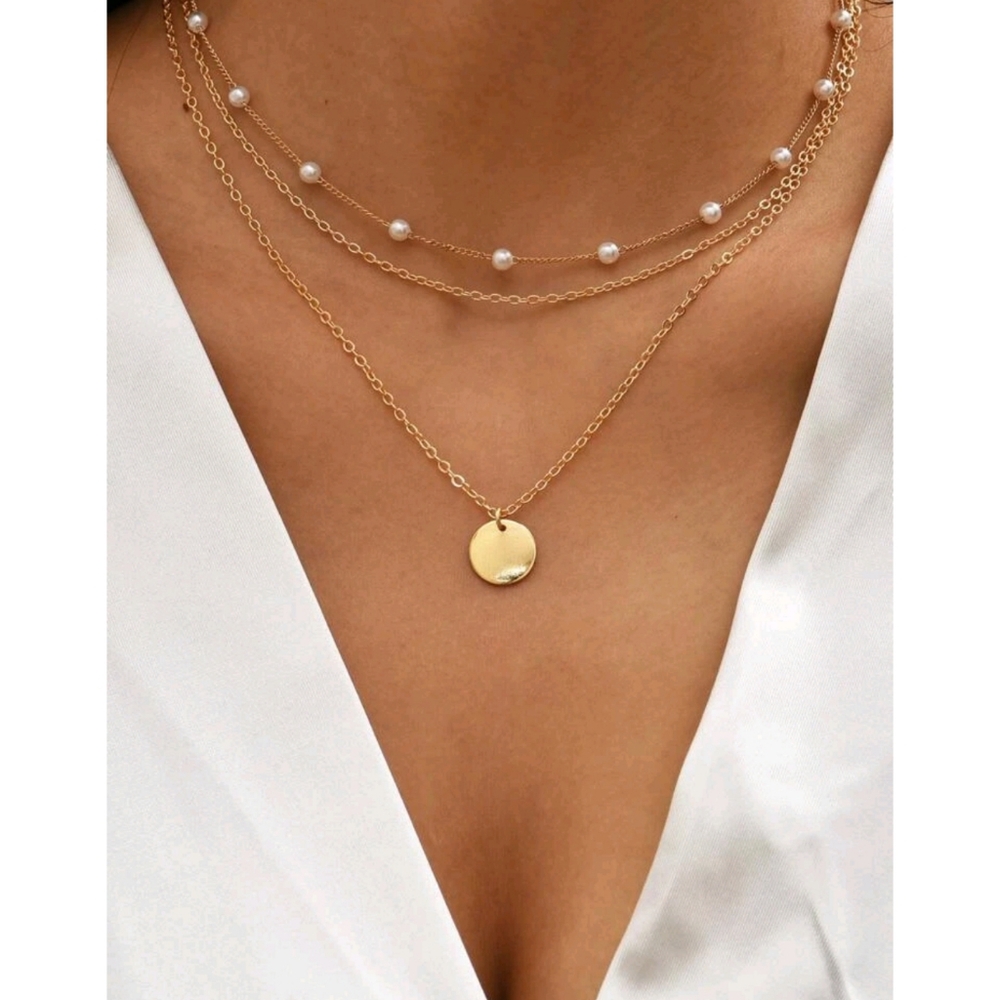 Anthropologie Kelly Minimalist Pearl Gold Pendant Layered Necklaces